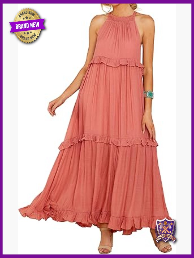 Sleeveless Halter Layered Ruffles Boho Flowy Maxi Dress With Pockets